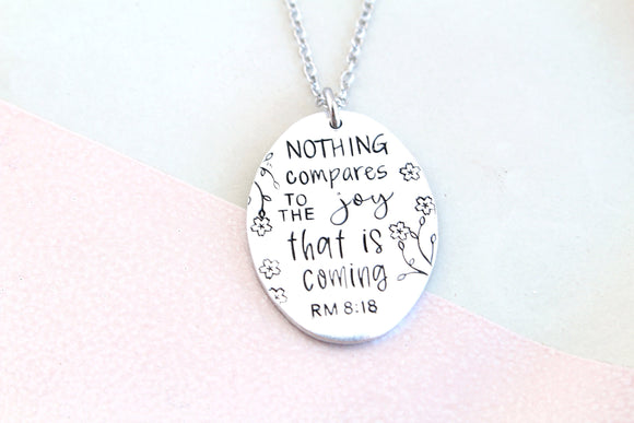 Romans 8:18 Bible Verse Oval Necklace