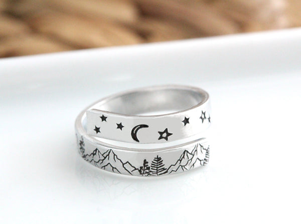 Custom mountain moon tree 1/3” hand stamped sterling silver on sale band.